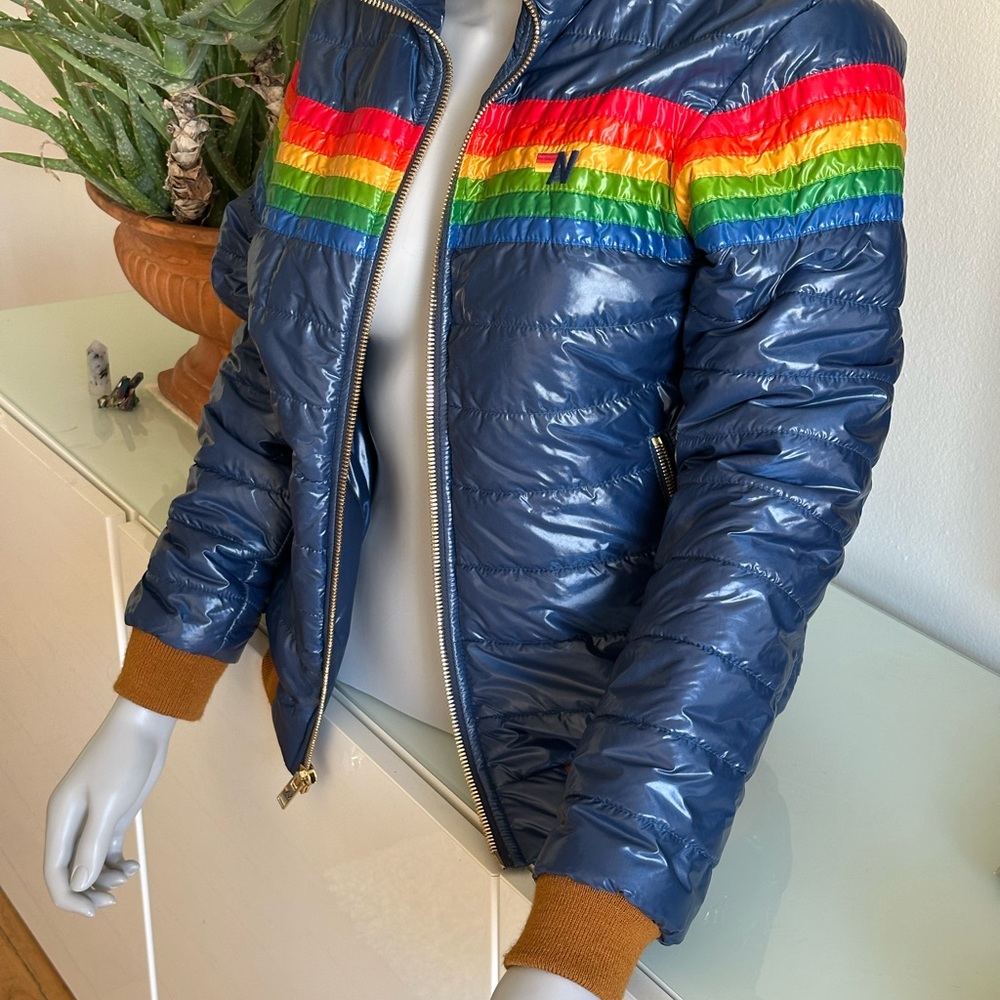 AVIATOR NATION OUTERWEAR 6 STRIPE RAINBOW SLEEVE JACKET - GLOSSY DEEP BLUE